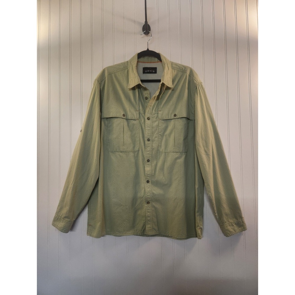 Orvis Mens Large Green Micro Check Long Sleeve Ventilated Fishing Shirt L